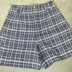 Vintage 90s Rafaella Shorts Womens 8 Linen Blend Tapered Waist Blue Plaid Mom